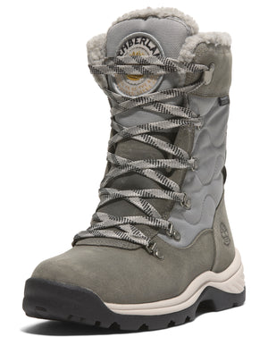 Grey tall snow boot with front lacing and fur trim.