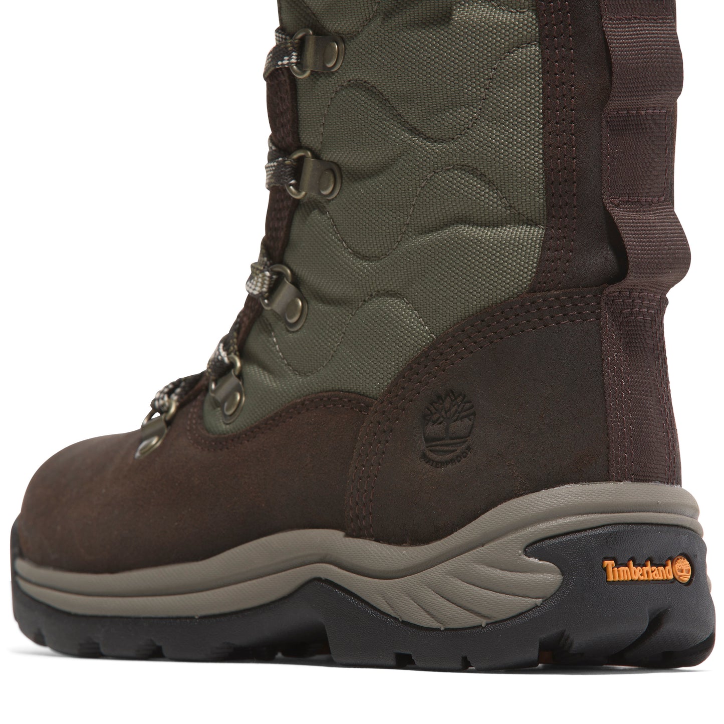 Dark brown and olive green hiking boot with metal eyelets, and the Timberland logo on the heel.