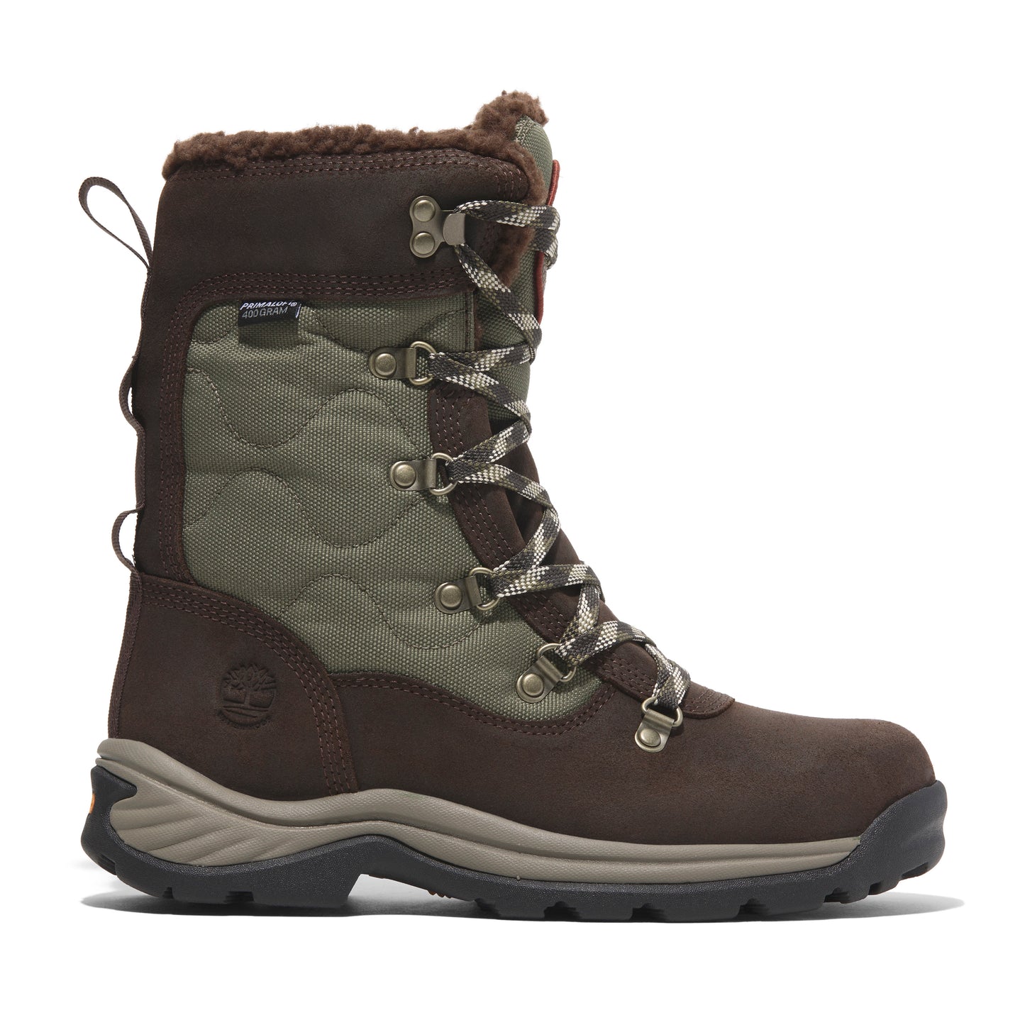 Knee high brown waterproof boot with quilted olive green shaft, lace up with metal eyelets, fur lining