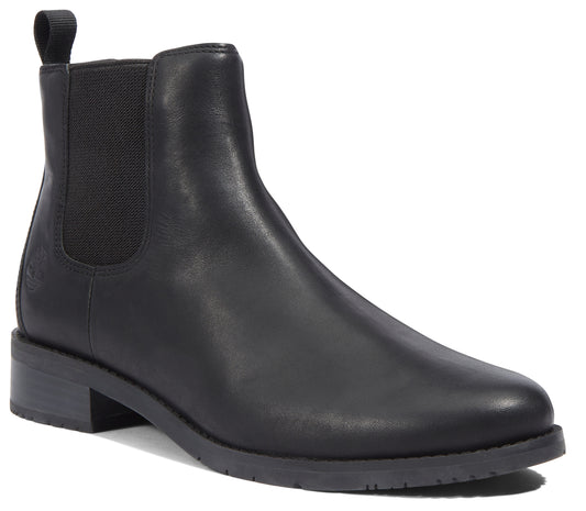 Black leather Chelsea boot with elastic side panels and a short heel.