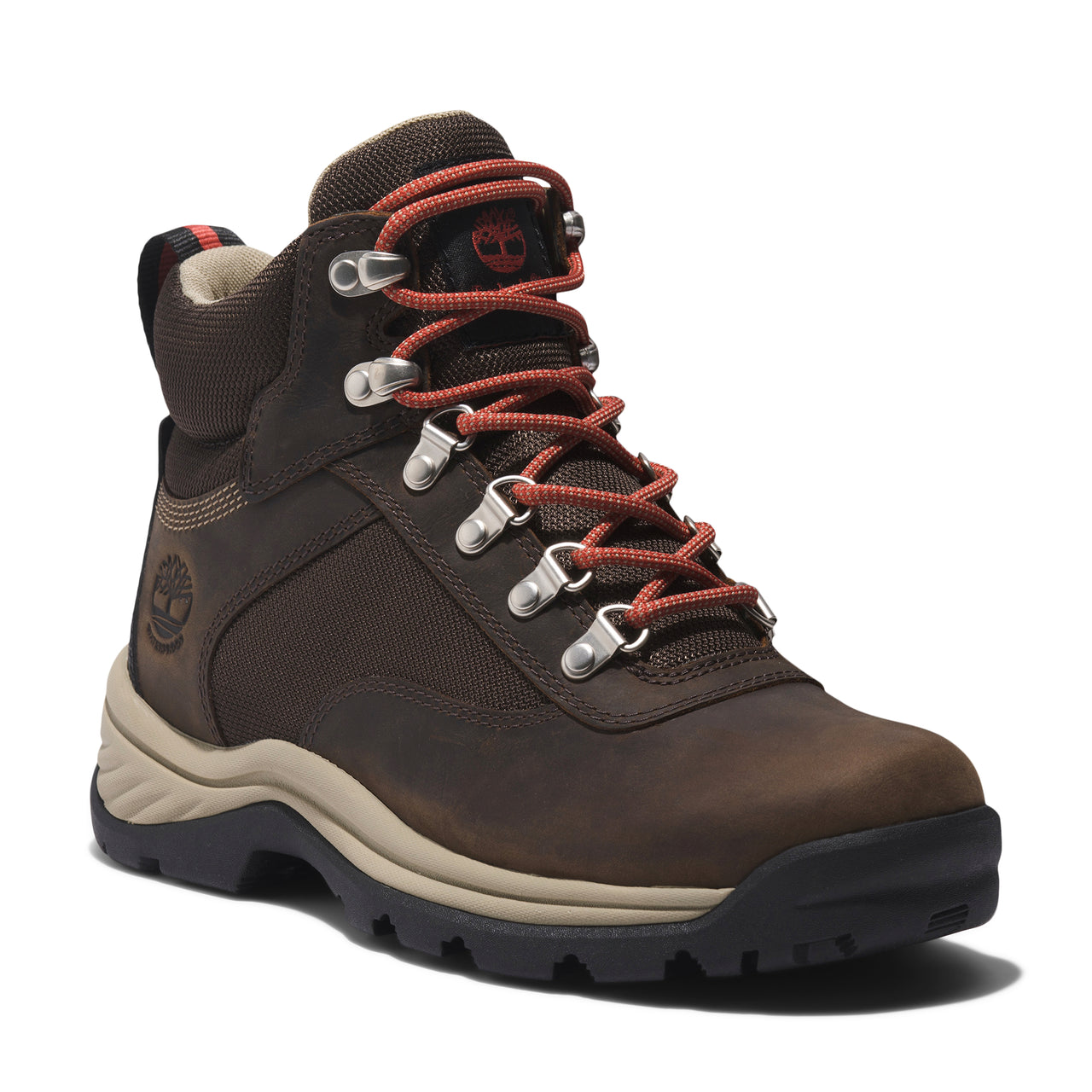 Brown hiking boot with orange laces and a tan midsole.