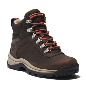Brown hiking boot with orange laces and a tan midsole.