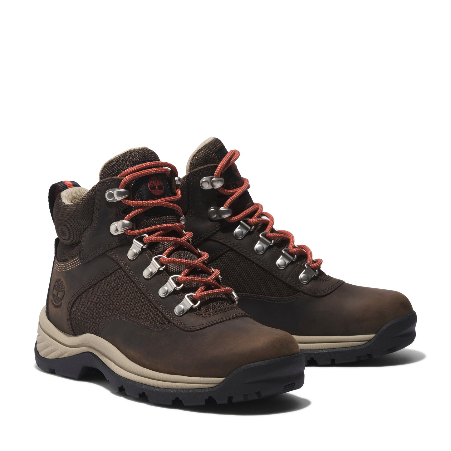 Pair of brown leather hiking boots with orange laces.