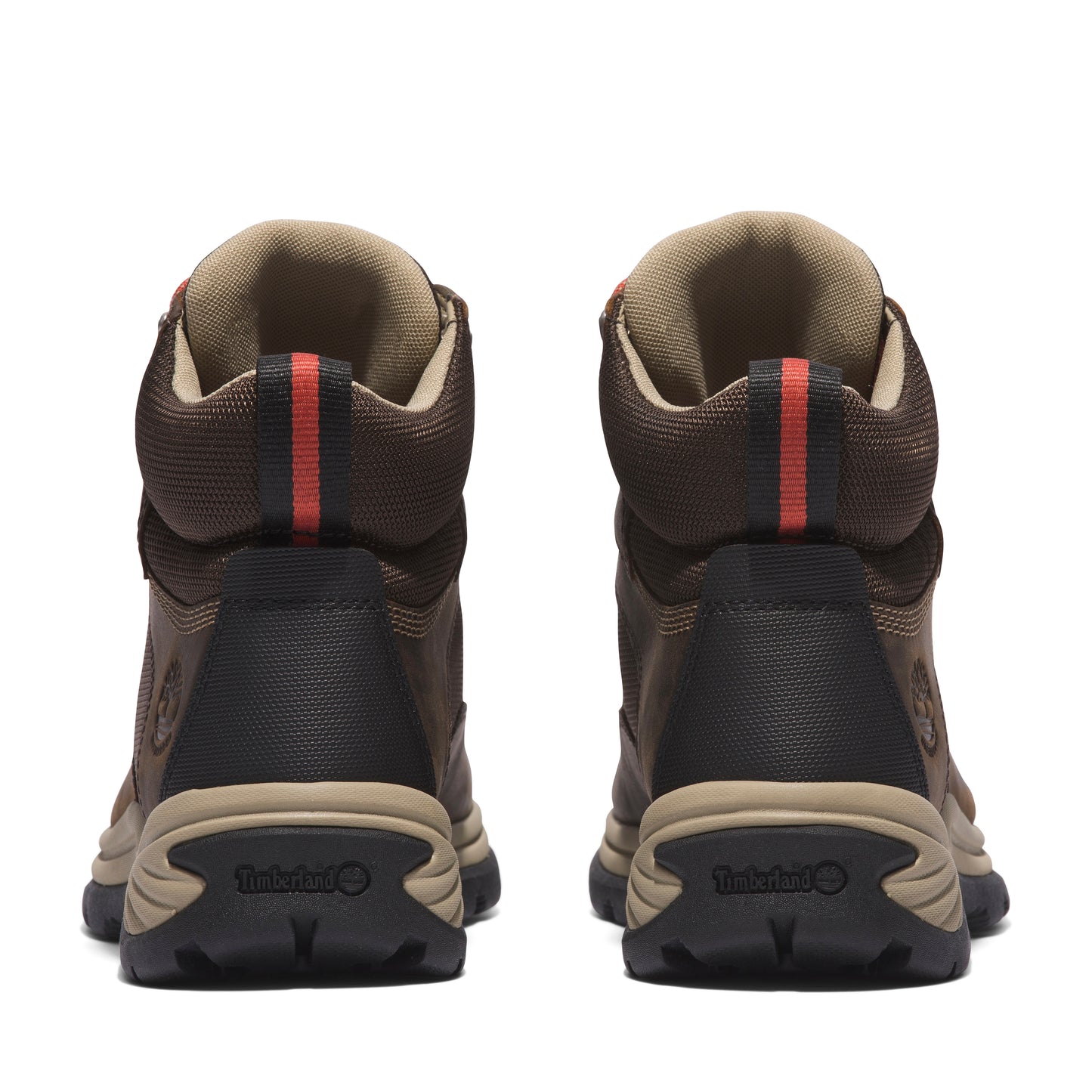 A pair of dark brown hiking boots with red and beige accents, viewed from the back.