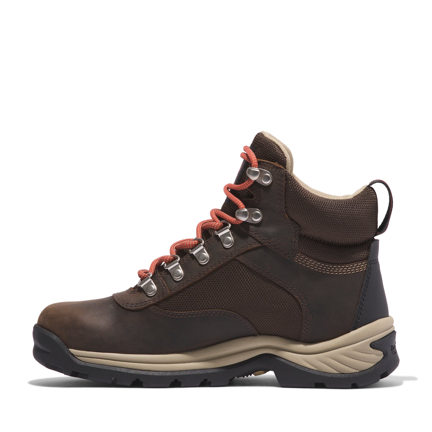 A brown leather hiking boot with orange laces and a beige midsole.
