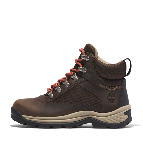 A dark brown hiking boot with orange laces and a tan sole.