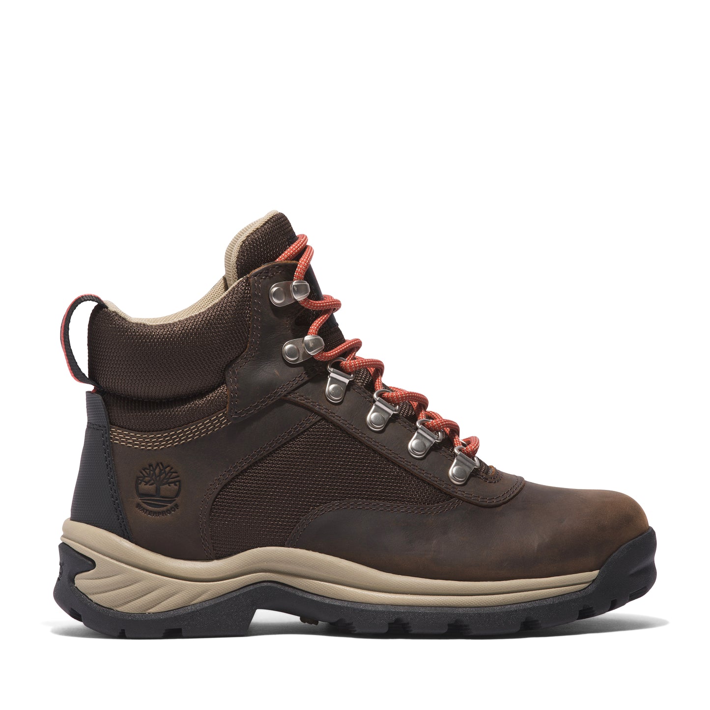 Side view of a dark brown leather hiking boot with orange laces and metal eyelets.