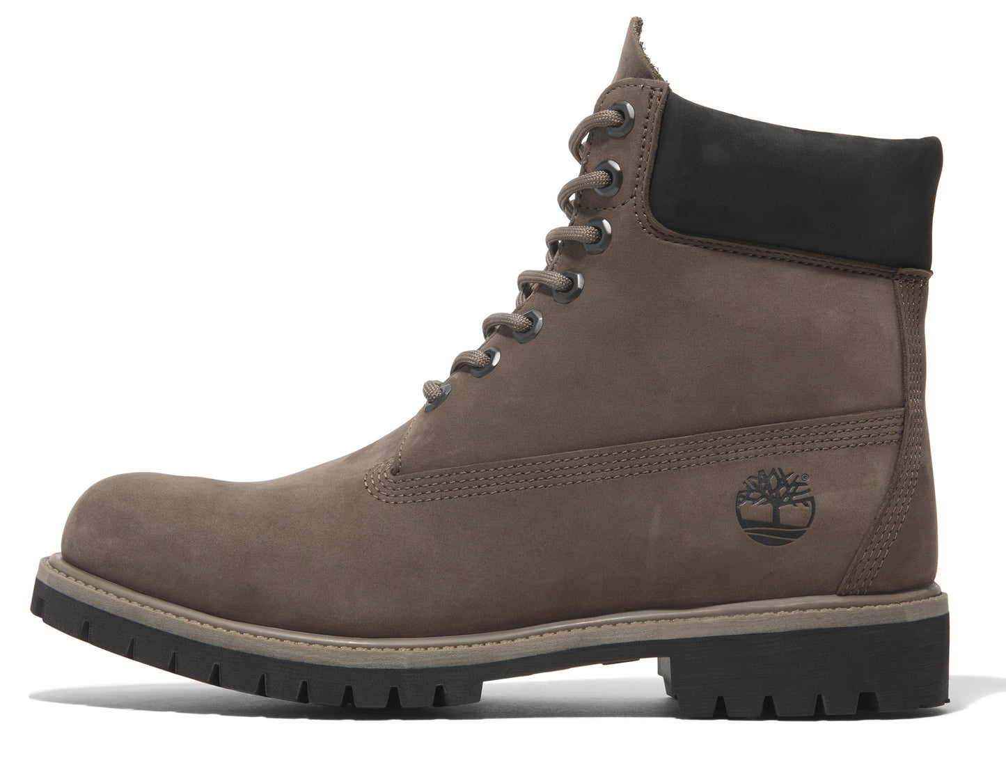 Side view of a brown suede leather work boot with black collar.