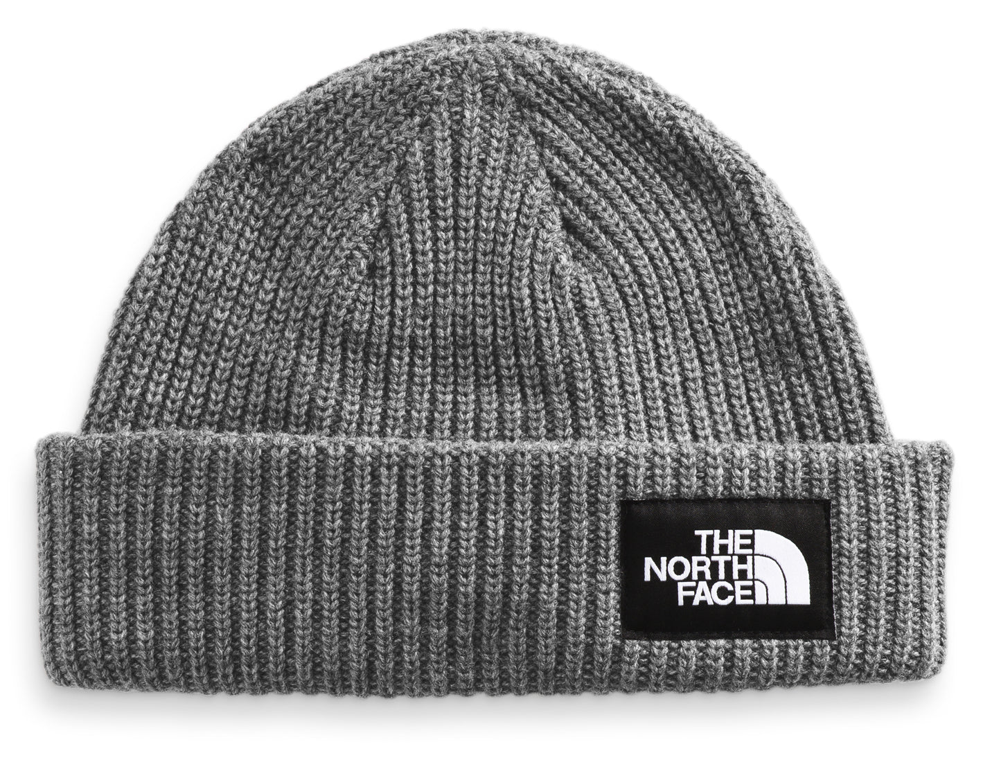 gray knit beanie with a black patch that reads "THE NORTH FACE" in white text