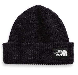 Black ribbed knit beanie with a square logo patch.
