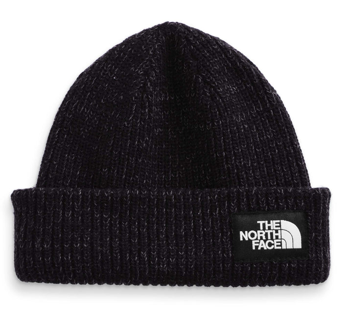 Black ribbed knit beanie with a square logo patch.