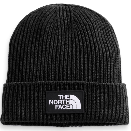 Black knit beanie with a white logo patch.