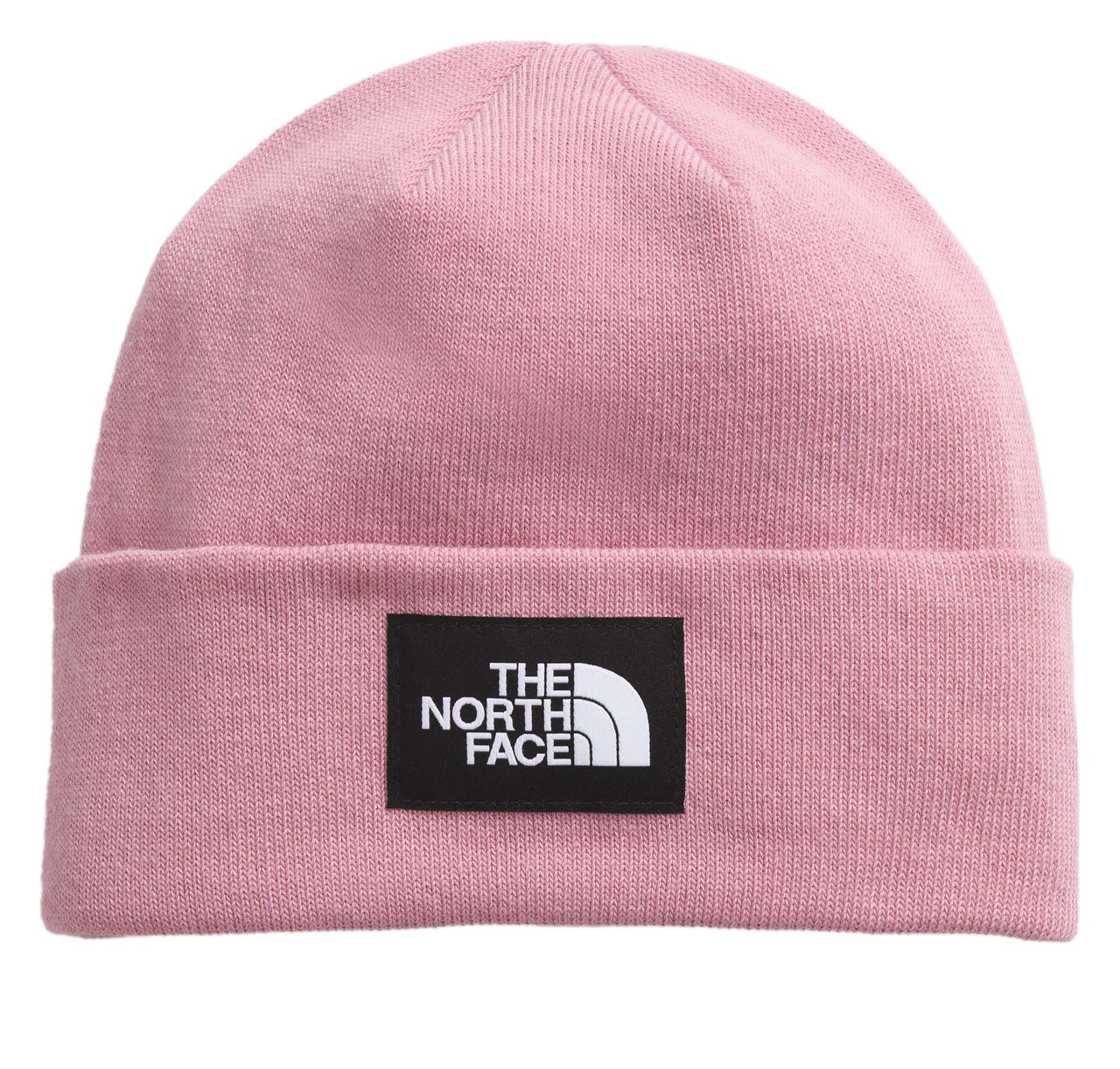 Light pink beanie with a black rectangle with the text "THE NORTH FACE" in white.