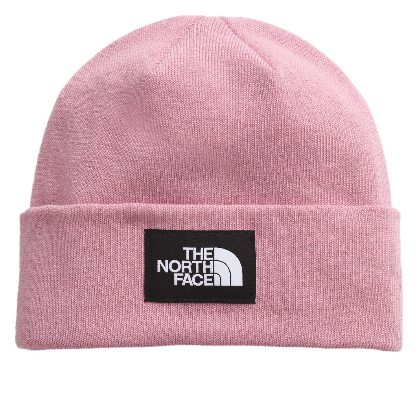 Light pink beanie with a black rectangle with the text "THE NORTH FACE" in white.