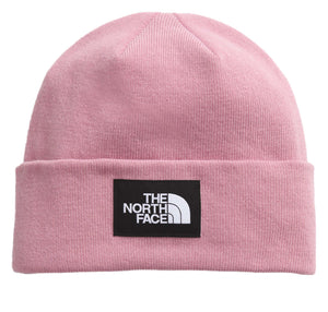 Light pink beanie with a black rectangle with the text "THE NORTH FACE" in white.