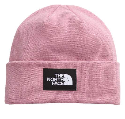 Light pink beanie with a black rectangle with the text "THE NORTH FACE" in white.