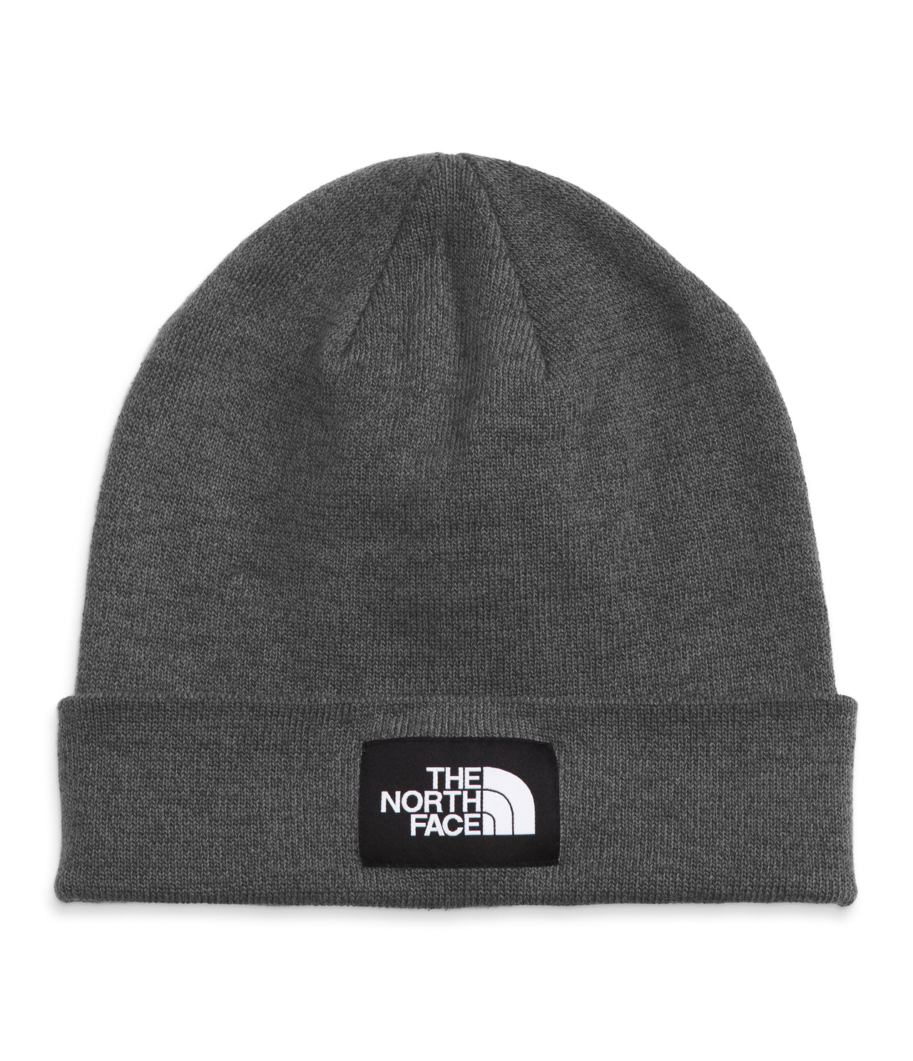 Gray beanie with square logo patch at brim reading "THE NORTH FACE".