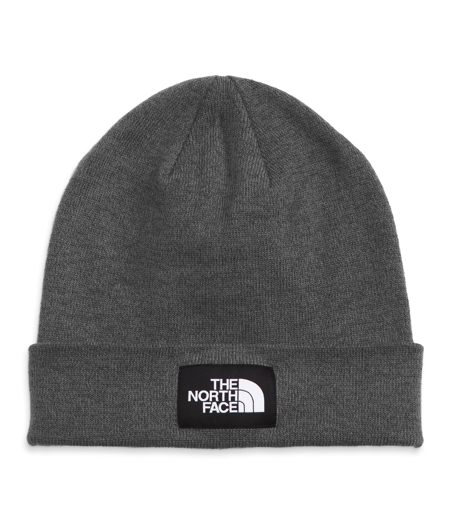 Gray beanie with square logo patch at brim reading "THE NORTH FACE".