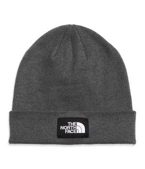 Gray beanie with square logo patch at brim reading "THE NORTH FACE".