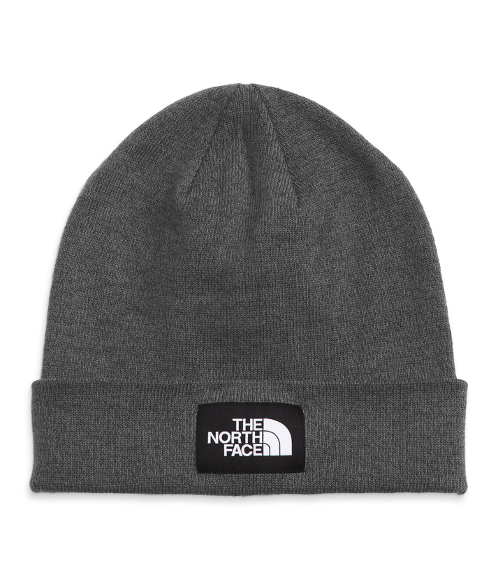 Gray beanie with square logo patch at brim reading "THE NORTH FACE".