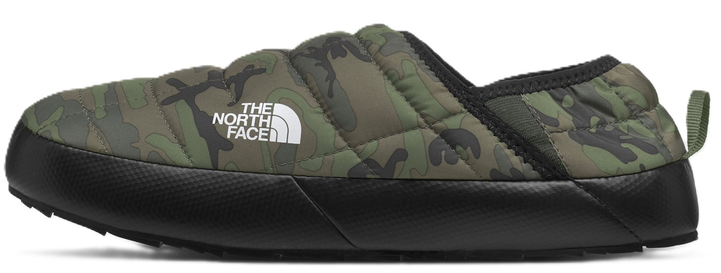 Camouflage slipper with a black sole and a pull tab at the heel.