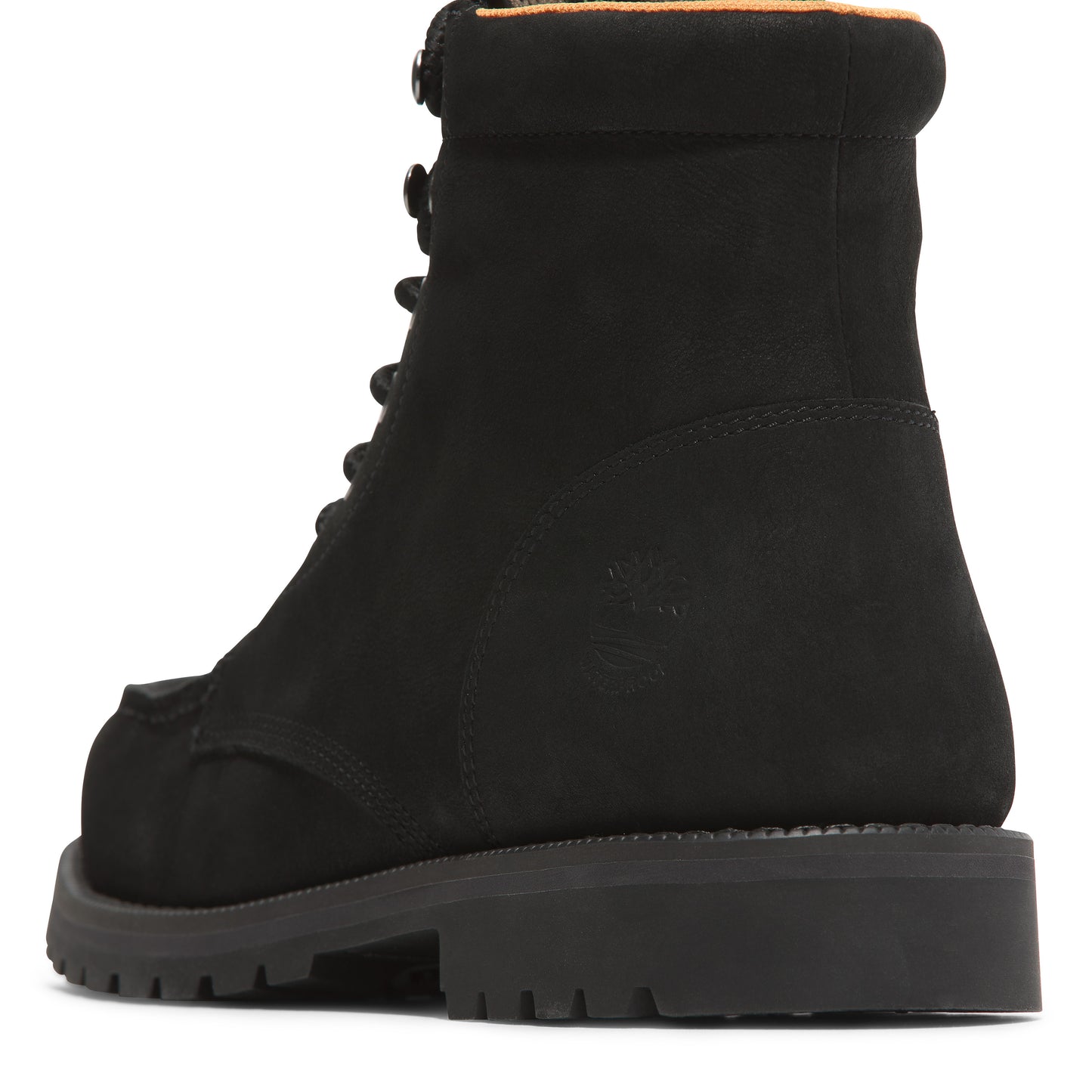 Back view of a black work boot with a lug sole and a reinforced toe.