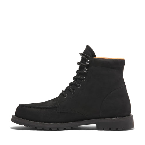 Black lace-up work boot with moc toe and ankle support.
