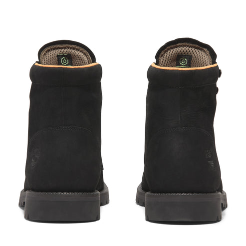 Pair of black work boots with round toe and padded collar, viewed from the back.