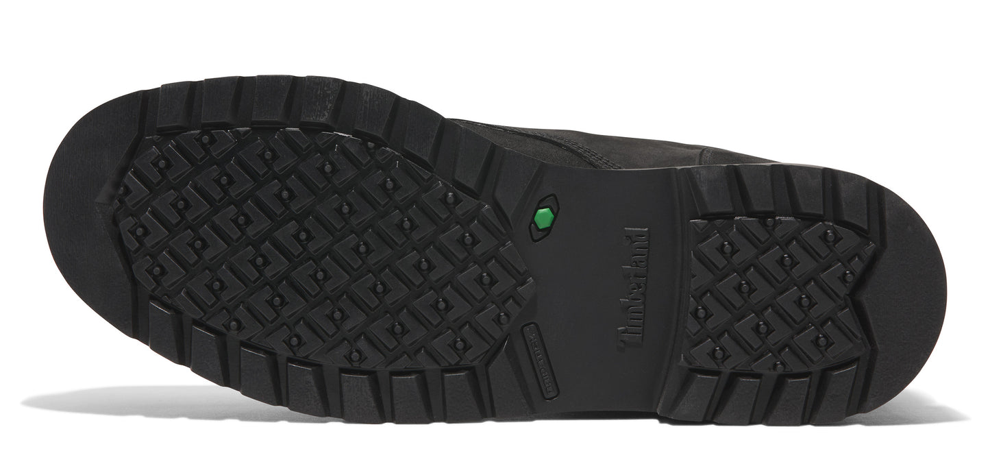 Black boot sole with a geometric tread.