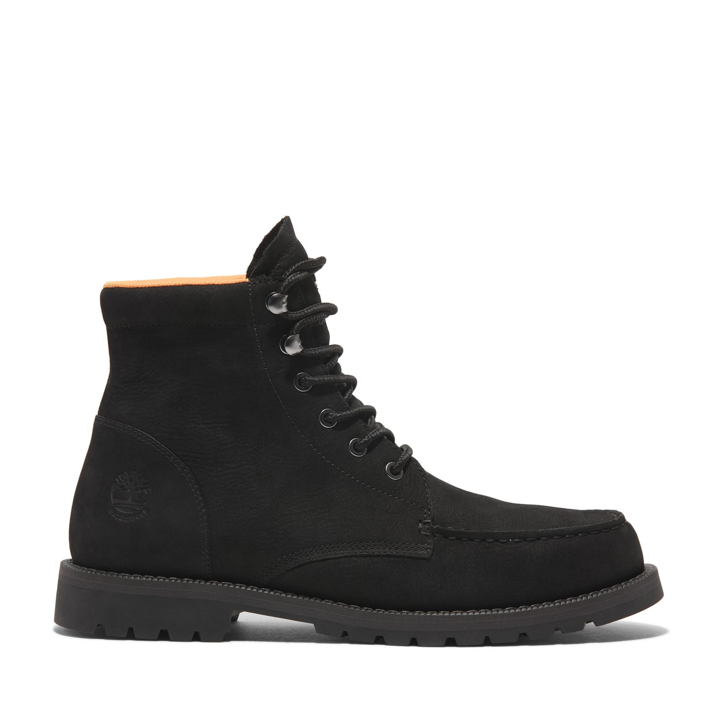 A black ankle-high boot with a round toe, lace-up closure, and a ridged sole.