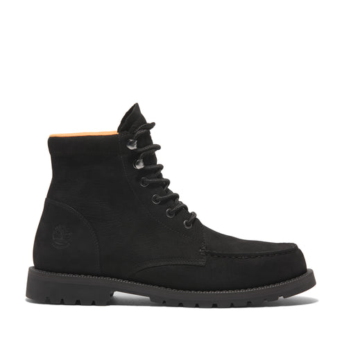A black ankle-high boot with a round toe, lace-up closure, and a ridged sole.