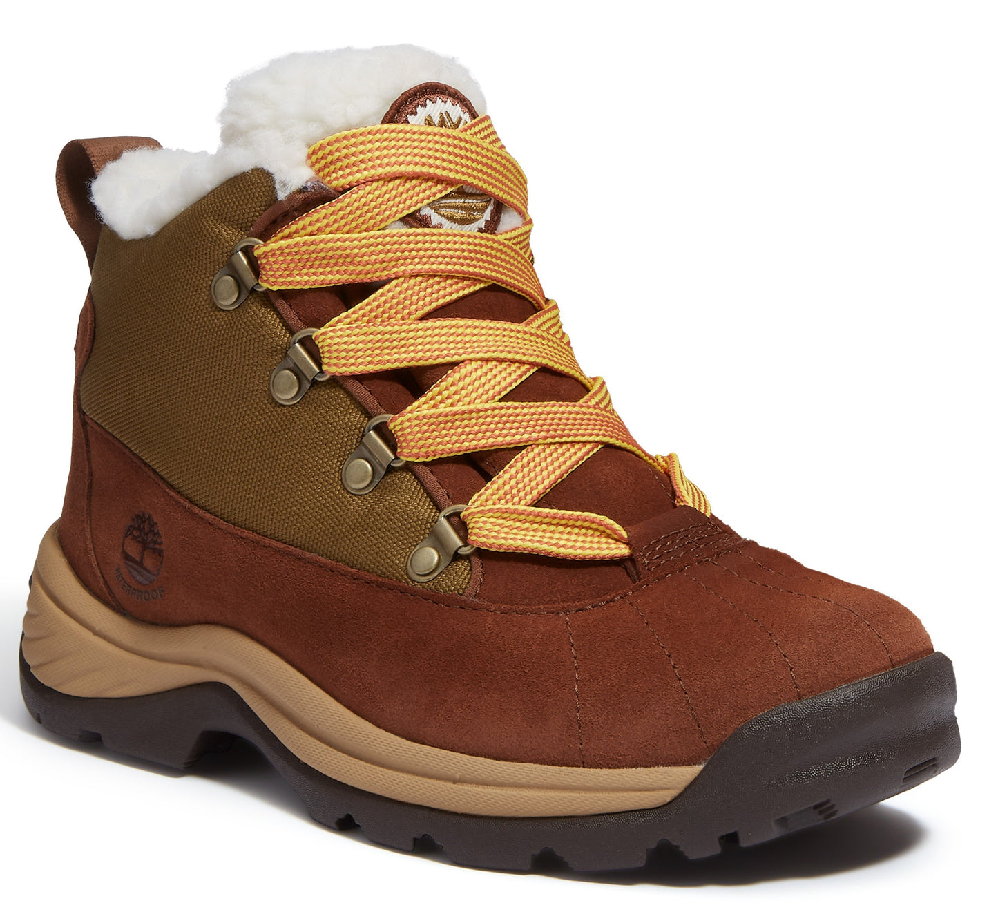 Brown hiking boot with yellow laces and white fur lining.