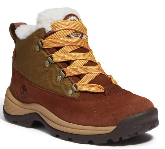 Brown hiking boot with yellow laces and white fur lining.