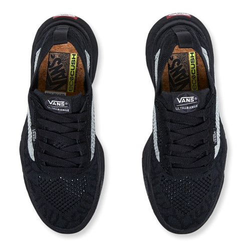 A pair of black athletic shoes with laces, visible brand text "VANS ULTRARANGE", ecocush insole, and white accents.