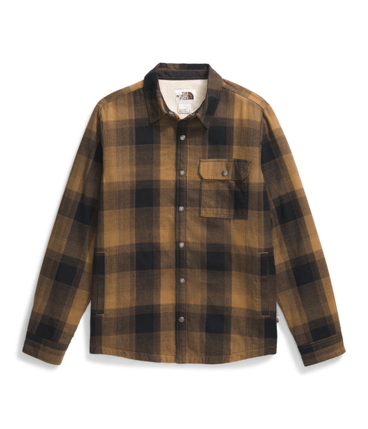 Tan and black flannel shirt with button closure.