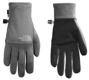 Pair of gloves with adjustable wrist straps; grey top with logo, black palm with grip pattern.