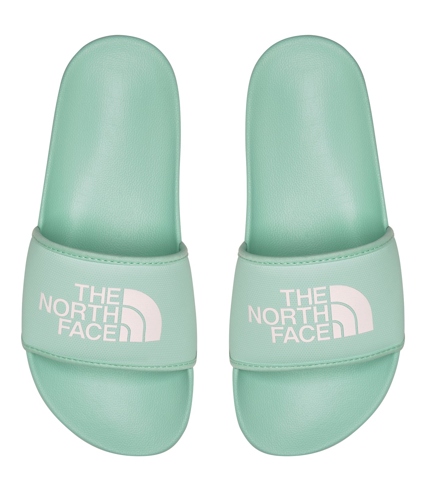 A pair of teal slides with 'THE NORTH FACE' printed in white.