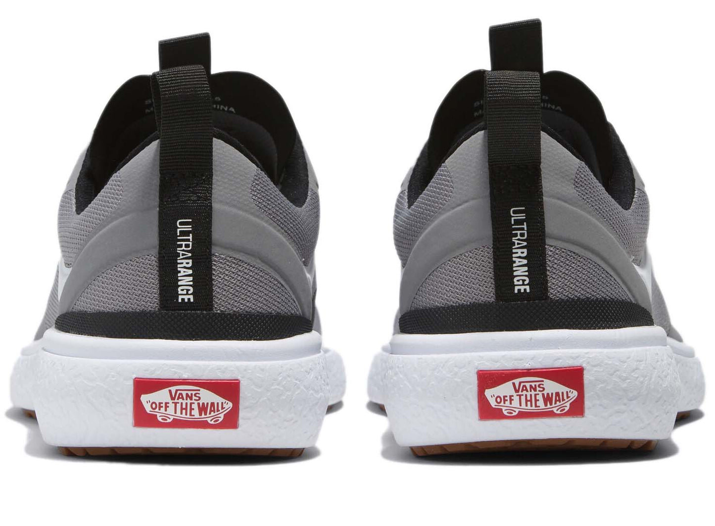 Two rear-facing views of grey Ultrarange shoes with a white midsole and a red Vans "Off The Wall" logo.