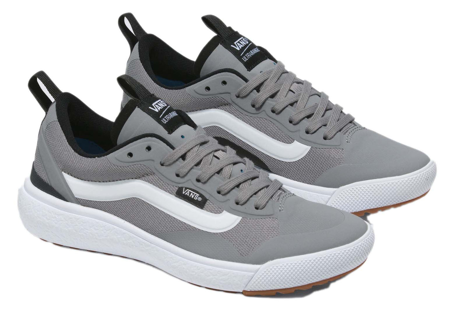 A pair of gray running shoes with white stripe, a white sole and black pull tab