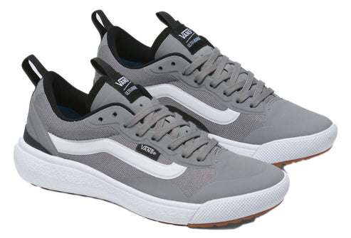 A pair of gray running shoes with white stripe, a white sole and black pull tab