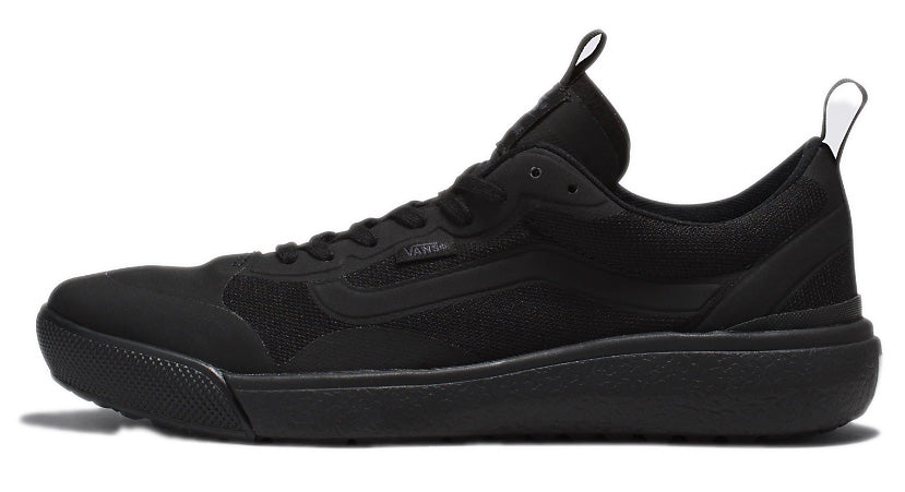 A low-top sneaker in all black with a thick sole and a pull tab at the heel.