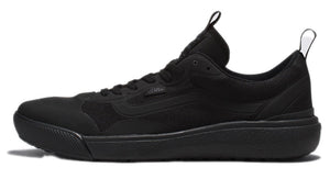 A low-top sneaker in all black with a thick sole and a pull tab at the heel.