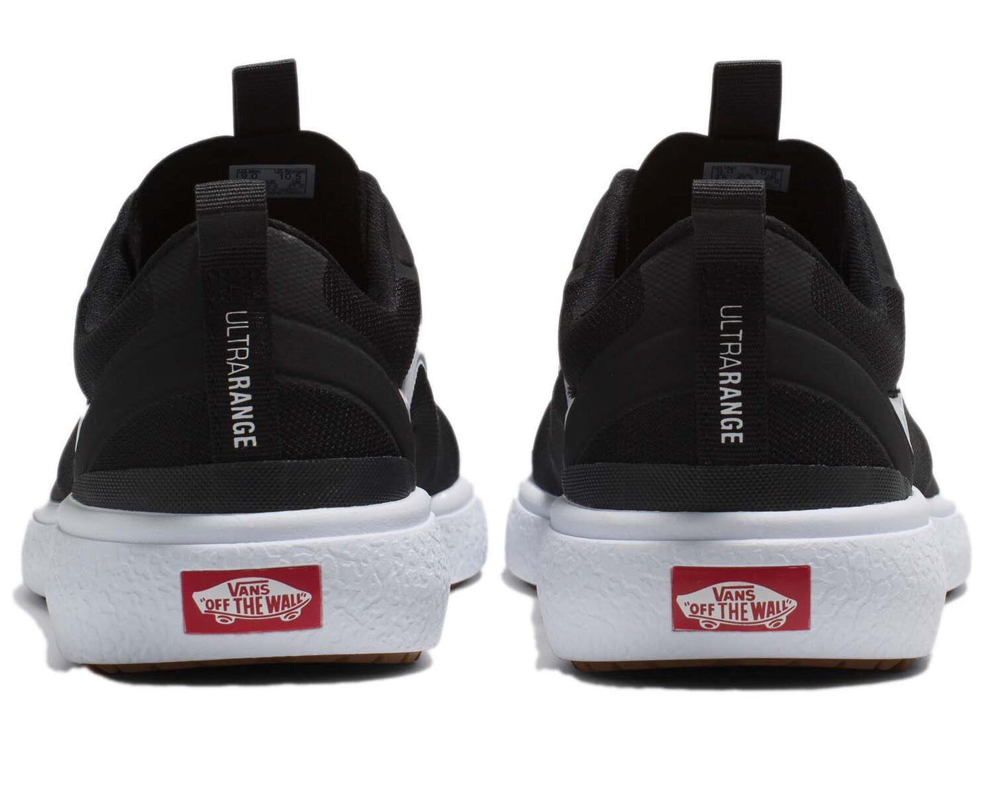 The back of two black sneakers labeled "ULTRARANGE" in white with white soles labeled "OFF THE WALL" in red and white.