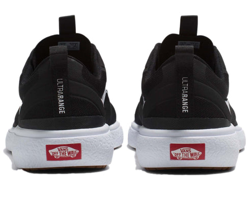 The back of two black sneakers labeled "ULTRARANGE" in white with white soles labeled "OFF THE WALL" in red and white.