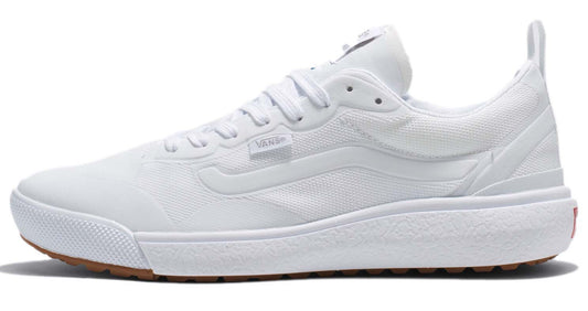 All-white sneaker with a brown sole, white laces, and pull tab.