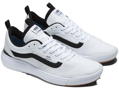 Pair of white running shoes with a black stripe; logo on the tongue says "Vans Ultrarange".