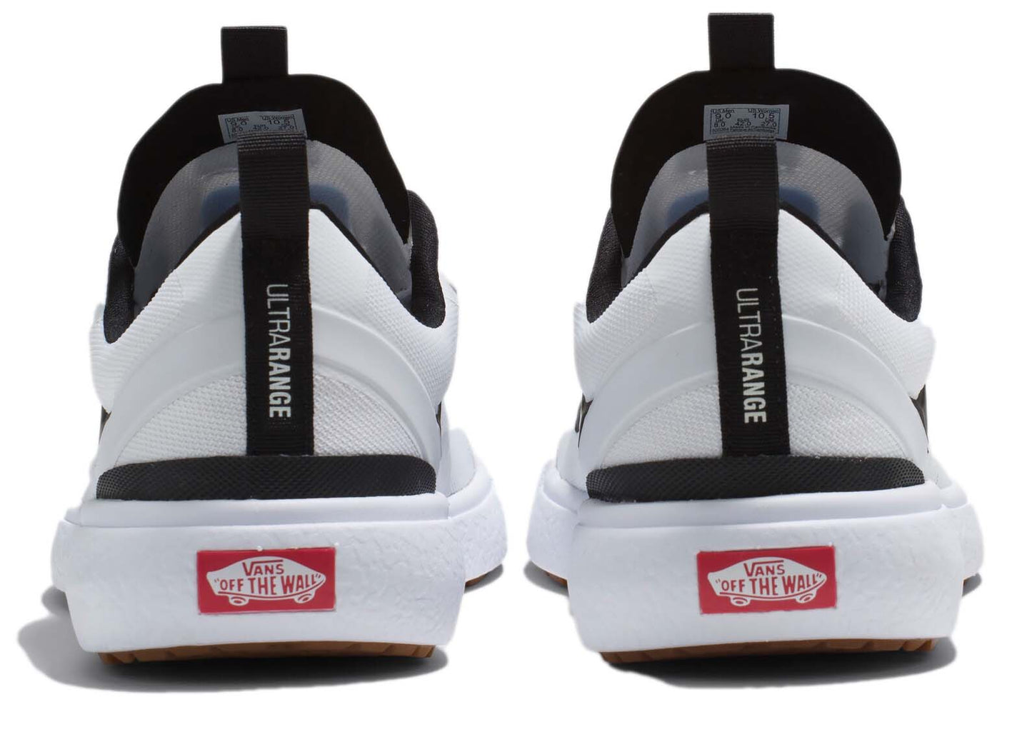 Rear view of white sneakers with black trim and "ULTRARANGE" text on the heel pull tab. Red "OFF THE WALL" label on the heel.