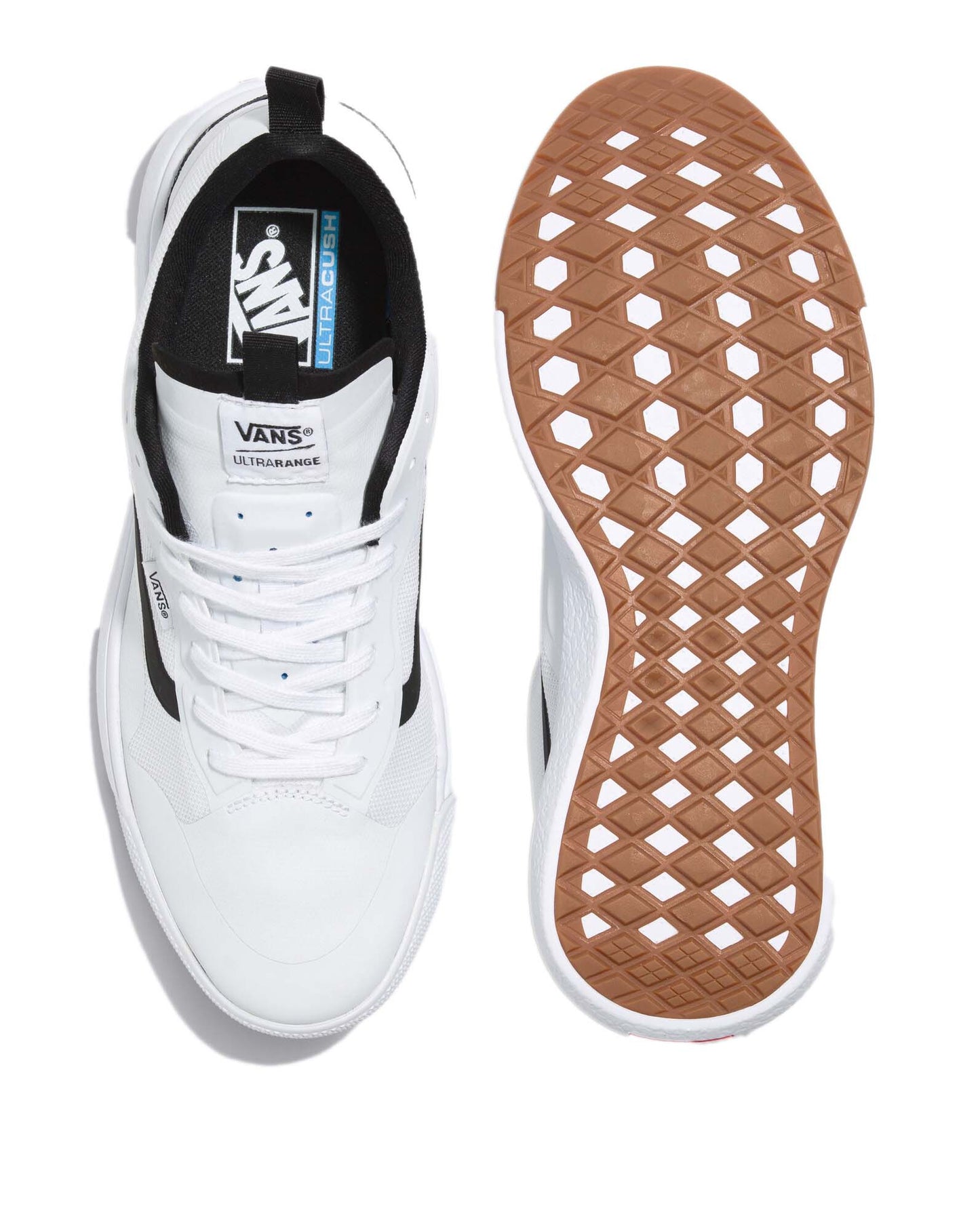 Two white shoes. One shoe's top side shows white laces and a black interior. Inside the shoe reads "ULTRA CUSHION", on the tongue "VANS". The other shoe's sole shows a brown square pattern.