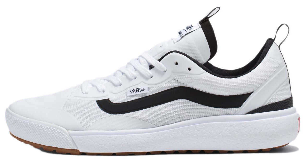 White sneaker with a black wave stripe and a white sole.