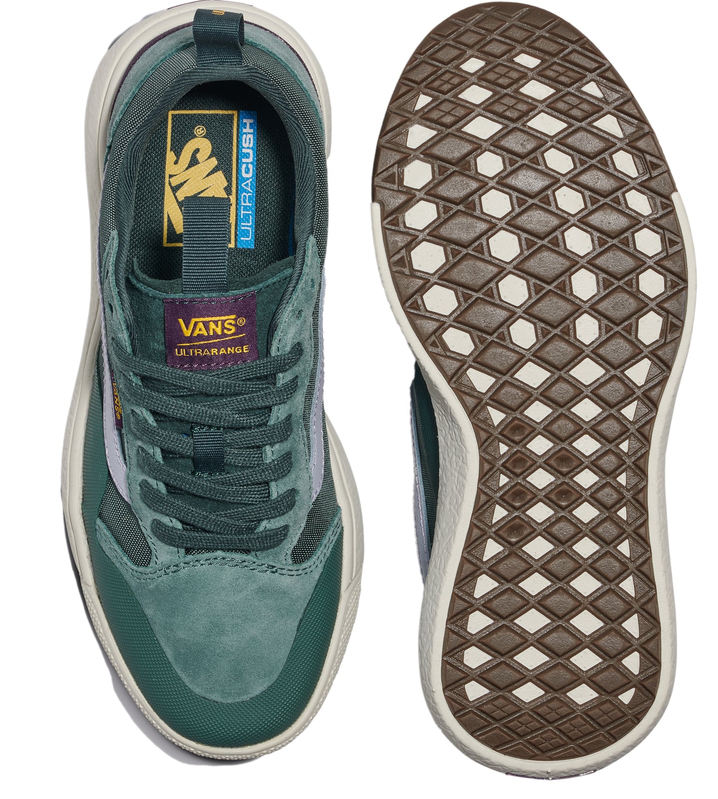 A pair of sneakers, one viewed from the top showing the laces and the inside, with text "ULTRACUSH" and "VANS ULTRARANGE", and the other showing the waffle patterned sole and the edge of the sole.